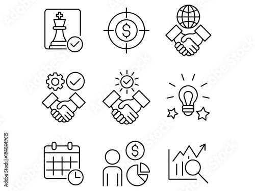 Strategic Management Thin Line Vector Set. Customizable symbols representing various Business Activities and processes. Isolated vector outline illustrations with an editable stroke.