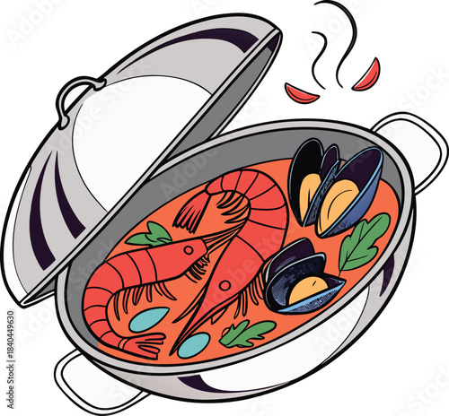 Delicious seafood stew with shrimp and mussels in a pot