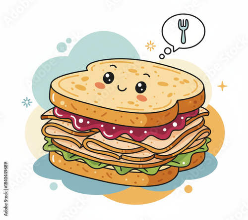 Charming illustration of a happy, cartoon turkey and cranberry sandwich, featuring fresh lettuce and a delightful expression, perfect for a cheerful mealtime graphic or food concept