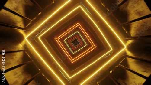 Abstract futuristic tunnel with repeating glowing neon squares and geometric patterns creating an infinite energetic pathway