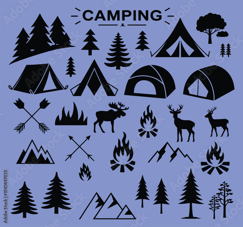 travel event camping vector logo set including tents, forest landscapes, camp elements, trees, and vintage outdoor adventure emblems, perfect for tourism, camping, and adventure branding designs.