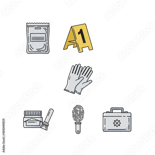 Crime scene investigation kit with evidence collection and analysis tools.