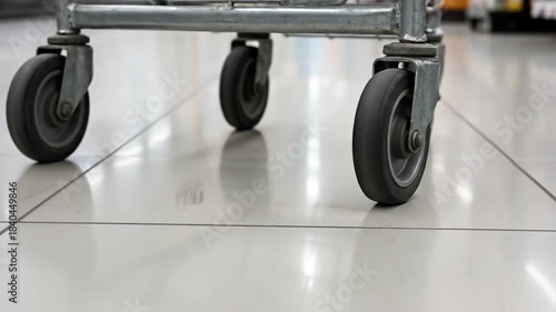 Close-up of shopping cart wheels on tiled floor in retail store