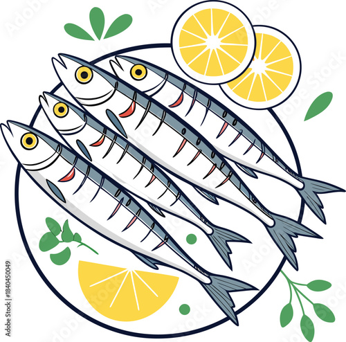 Plate of sardines with lemon slices on a