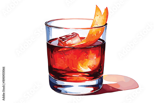 Refreshing red cocktail with ice cubes and orange peel garnish on a white background