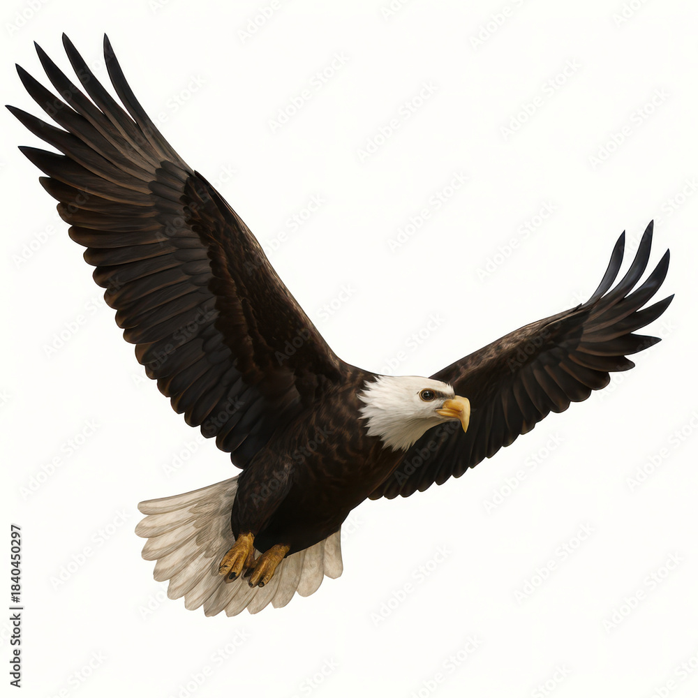 Fototapeta premium Bald eagle soaring with wide wingspan and sharp gaze, showing powerful flight and majestic presence in clear sky