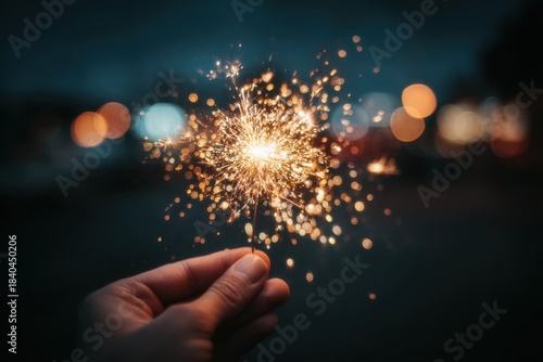 A hand holding a bright sparkling firework at night