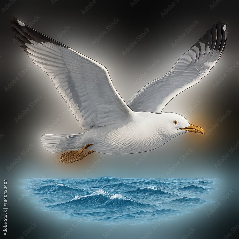 Fototapeta premium Seagull in flight over ocean waves with detailed feathers and glowing background creating serene and peaceful atmosphere