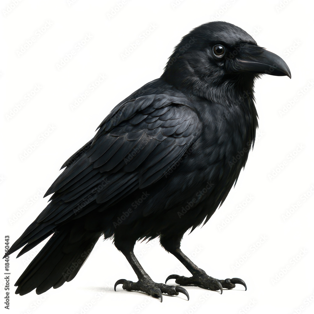 Fototapeta premium Black crow bird with glossy feathers and sharp claws standing on white background, mysterious and elegant wild animal portrait