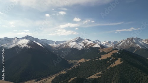 Majestic mountain landscape featuring snow-capped peaks and lush green valleys, as the camera smoothly pans across the breathtaking scenery, showcasing the natural beauty and vastness of the