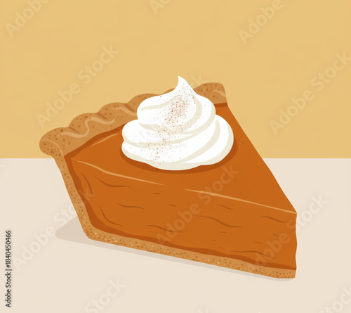 A delightful slice of pumpkin pie with fluffy whipped cream and a sprinkle of spice, embodying the sweet flavors of autumn and festive holiday dessert traditions