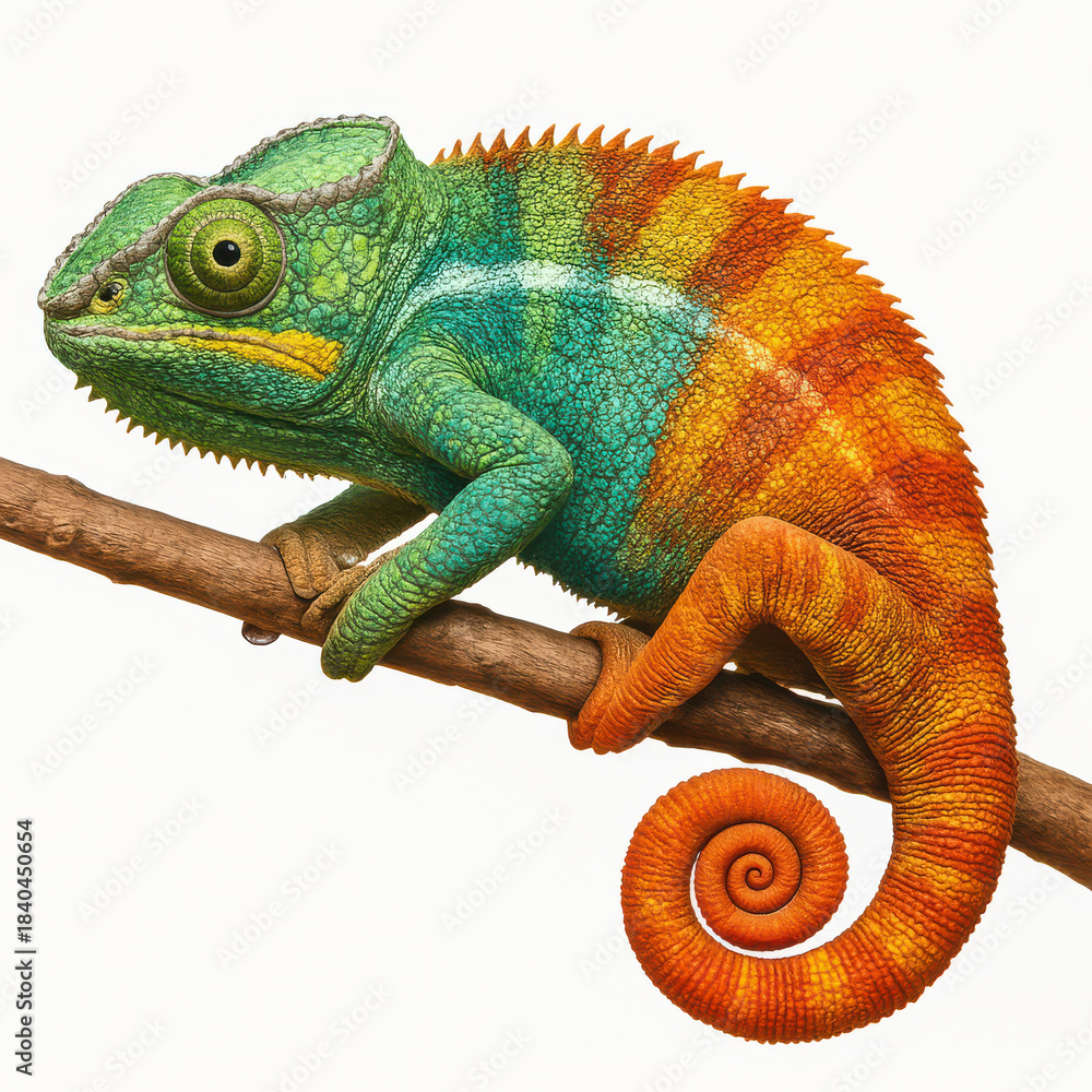 Obraz premium Colorful chameleon with vibrant green, blue, orange, and red scales clings to branch, showcasing detailed texture and natural beauty