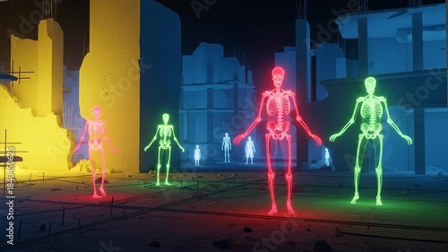 Neon-lit figures with outstretched arms in futuristic cityscape