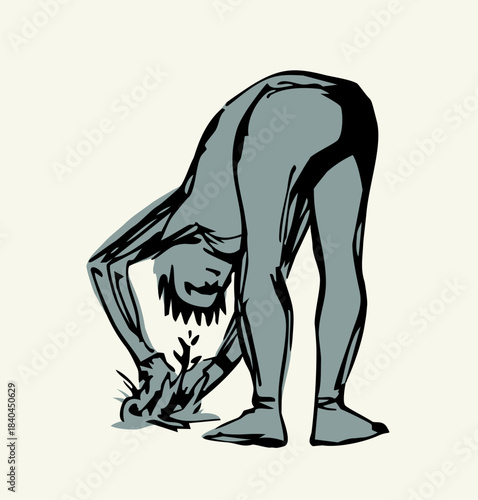 Vector drawing. A gardener weeding a garden