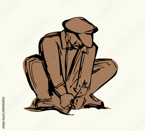 Vector drawing. A gardener weeding a garden