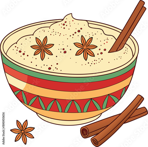 A bowl of rice pudding with cinnamon sticks and star anise on