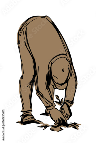 Vector drawing. A gardener weeding a garden