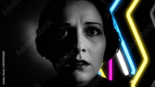 Neon-lit portrait of woman with fluctuating lighting in dark environment