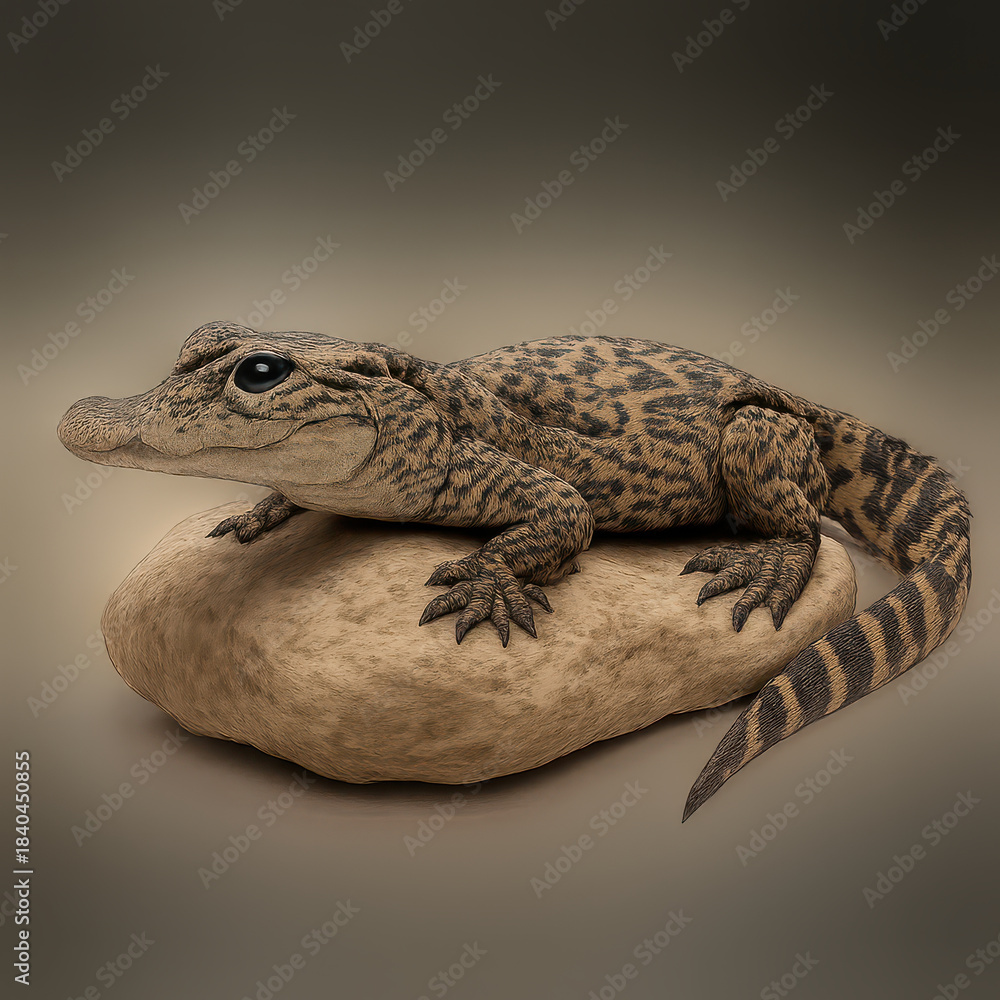 Naklejka premium Baby crocodile resting on smooth stone with detailed scales and claws, calm and natural wildlife scene in soft lighting