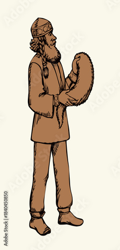 Vector drawing. Man sells a fur