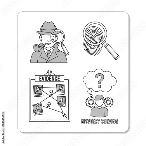 Detective Investigation Icons - Evidence, Fingerprints, Mystery Solving.