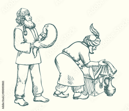 Vector drawing. Man sells a fabric on ancient market