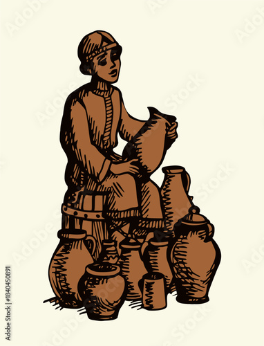Vector illustration of a boy selling pots.