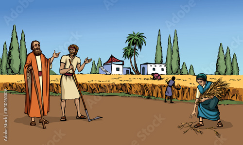 Vector drawing. Ruth and Boaz in the field