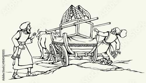 Vector drawing. The ark of the covenant being transported on a wooden cart pulled by two oxens