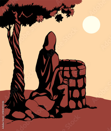 Vector drawing. Jesus at the well