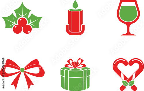 Minimal Red Green Christmas Icons Set Holiday Vector Illustration