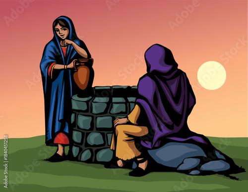 Vector drawing. Jesus and woman
