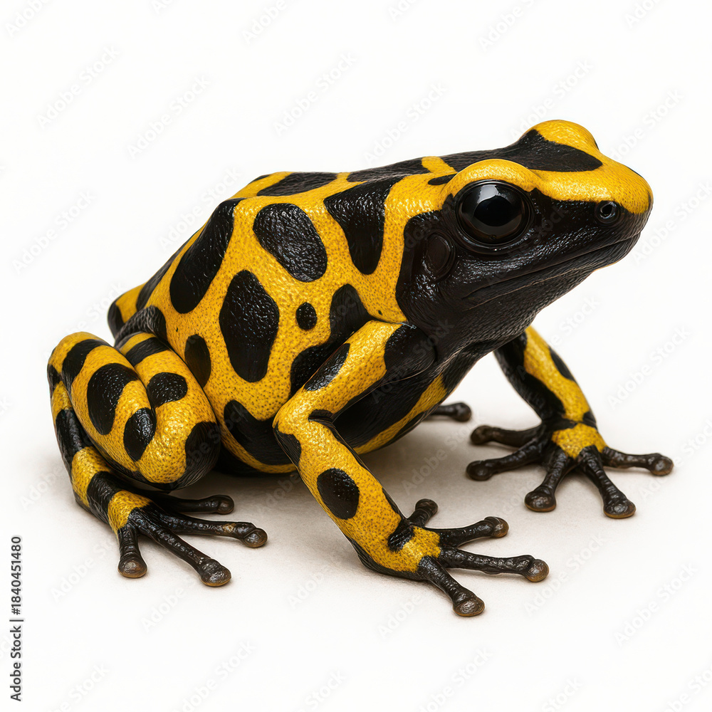 Obraz premium Yellow and black poison dart frog close up on white background showing detailed skin texture and vibrant colors