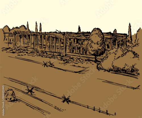 Vector illustration of a building destroyed by an explosion.