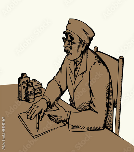 Doctor at the desk. Vector illustration.