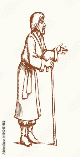 Vector drawing. Old man with cane