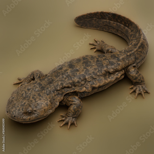 Giant salamander amphibian with textured skin and curled tail resting on neutral background in natural pose