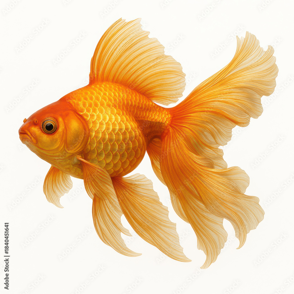 Fototapeta premium Goldfish with flowing fins and bright orange scales swimming gracefully on white background