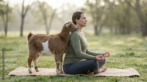Woman practicing yoga on a neutral-colored mat outdoors with a goat resting against her back