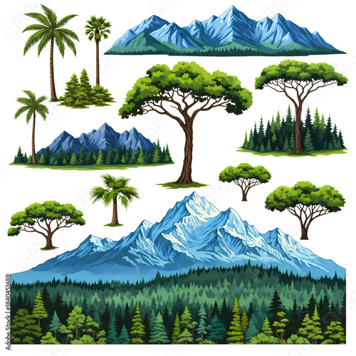 Collection of diverse natural landscape elements featuring tropical palms snowy mountains and various forest trees