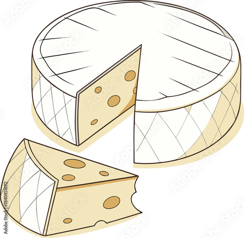 A wedge of cheese sliced from a wheel of cheese on