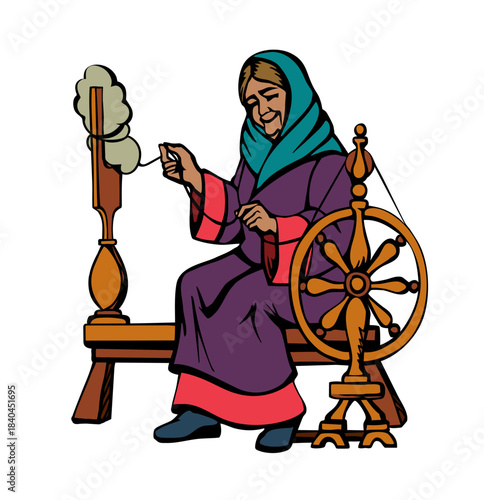 Vector drawing. Grandmother with a Spindle