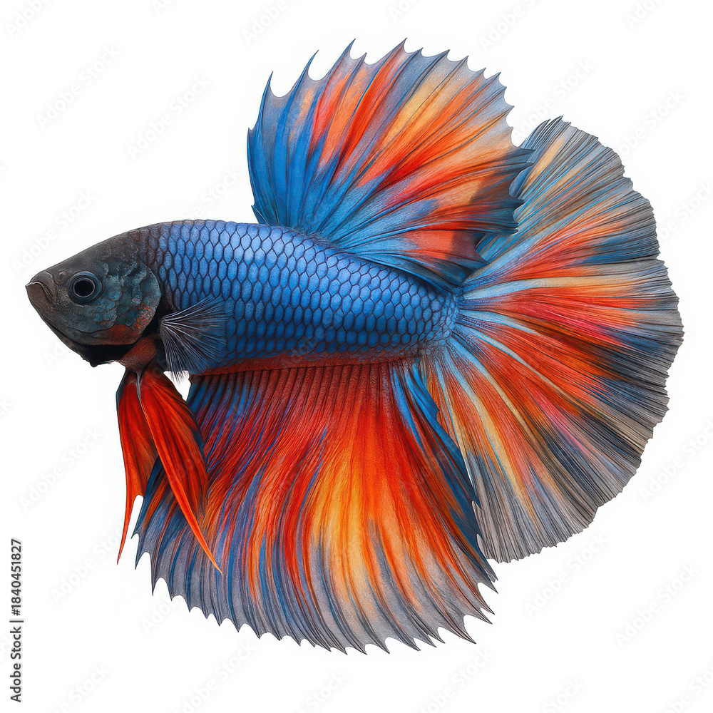 Fototapeta premium Vibrant blue and orange betta fish with flowing fins isolated on white background showing detailed scales and elegant movement