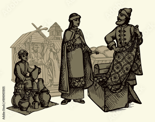 Vector drawing. Man sells a fabric om ancient market