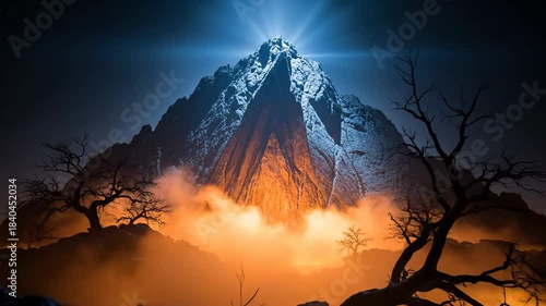 Vantage of Snow-Capped Mountain with Dark Tree Silhouettes at Sunset