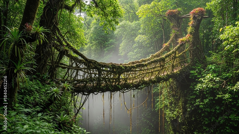 Fototapeta premium Living root bridge in lush rainforest environment
