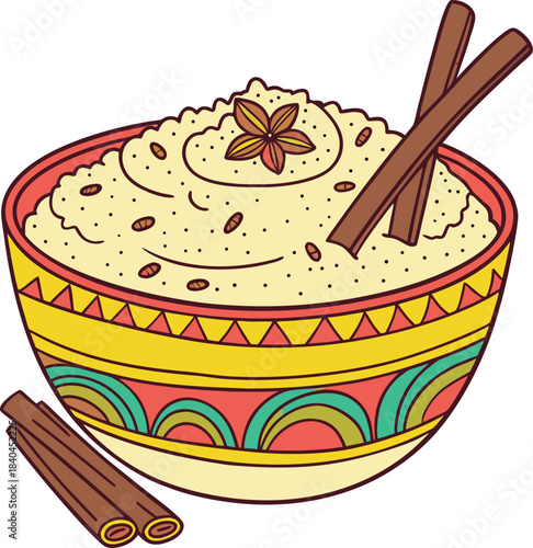 A vibrant bowl of rice pudding with cinnamon sticks and star anise