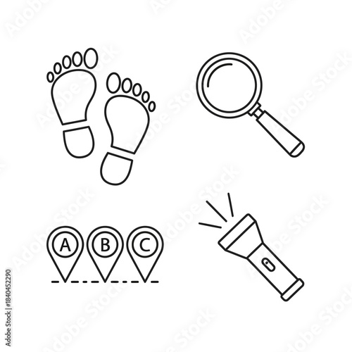Detective Tools - Footprints, Magnifying Glass, Route, and Flashlight Outline.