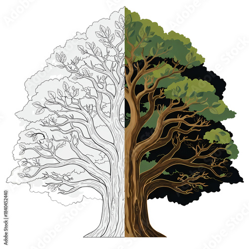 Split tree illustration showing one half as a detailed black and white outline and the other half fully colored with green leaves