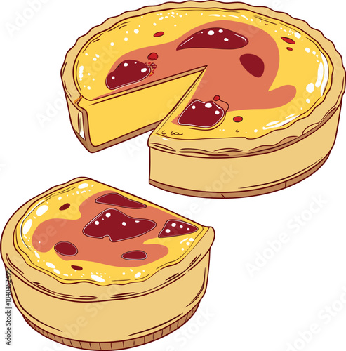 Illustration of a whole and sliced tart with fruit filling on top